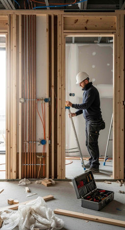 Man in hard hat using a tool to install drywall in a wooden framed doorway on a construction site