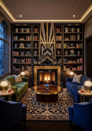 A luxurious living room with a fireplace and bookshelves in a modern interior design
