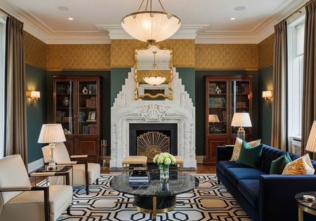 A luxurious living room with a large white fireplace and a blue couch in a modern design