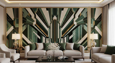 A luxurious living room with a modern geometric patterned wallpaper and elegant furniture