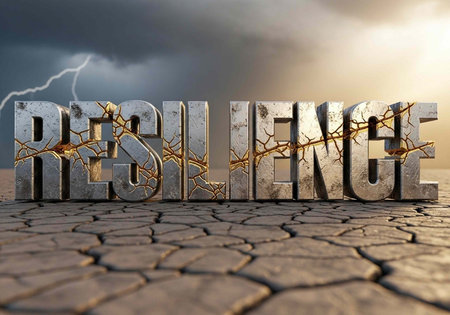 A dramatic 3D rendering of the word 'resilience' in cracked stone letters on dry earth with a stormy sky