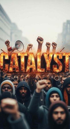 A crowd of people protesting with a megaphone and raised fists in a city street