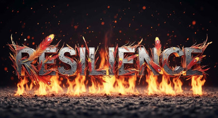 Resilience. 3D illustration. Word Resilience on fire background