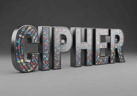 3d illustration of CHIPHER word over grey background with binary code