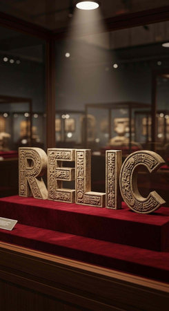 \The word \\Relic\\ is written on a red tablecloth.\