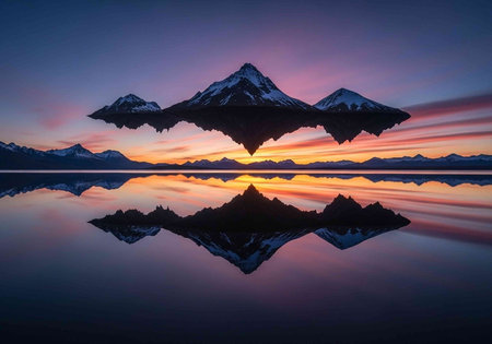 Snowy mountains reflected in still lake water with vibrant sunset colors in the background