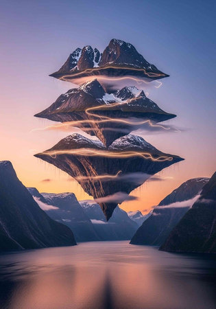 Ethereal mountain peaks stacked with illuminated trails, set against a vibrant sunset sky and calm water