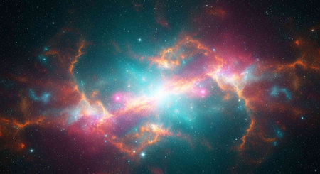 Colorful nebula with bright lights, stars, and gas clouds in deep space