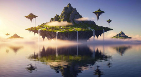 A serene floating island with lush greenery, waterfalls, and misty atmosphere at dawn