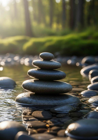 A serene landscape of stacked stones in a peaceful forest stream with lush greenery and sunlight filtering through trees.