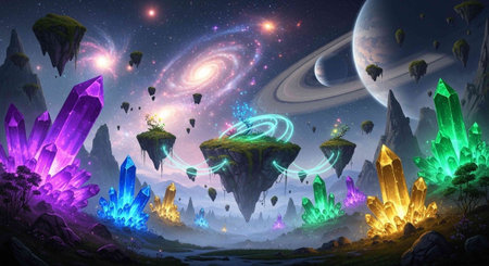 A vibrant and surreal digital artwork depicting a fantastical landscape with floating islands and colorful crystals in space