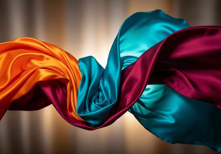 A colorful arrangement of silk fabrics in vibrant orange, teal, and maroon hues, elegantly draped and twisted.
