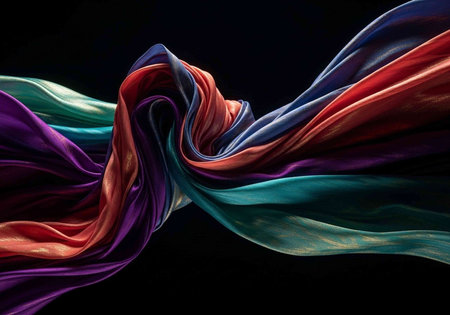 Colorful fabric with purple, red, blue, and teal hues flowing in dynamic motion against black