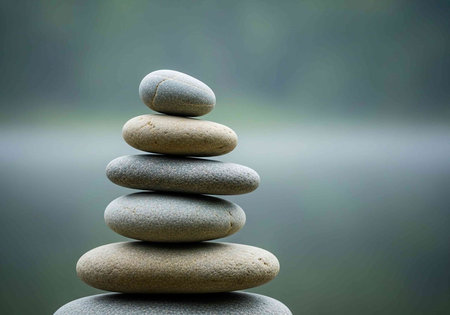 Stack of rounded stones in shades of gray and brown on calm reflective surface