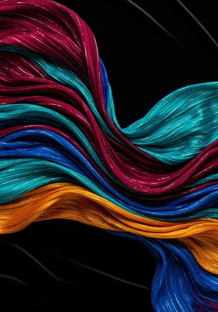 Colorful wavy lines in red, blue, orange, and teal on a dark background