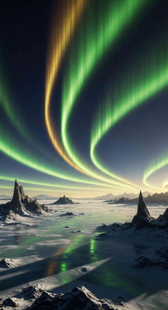 Breathtaking display of green and yellow northern lights above snowy landscape with rocky peaks