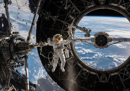 Astronaut in spacesuit floating near space station with large circular window and Earth background