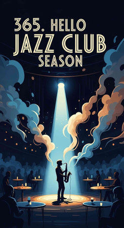 A musician plays saxophone on stage in a vibrant jazz club with a spotlight shining down