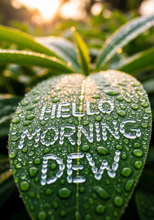 Close-up of a green leaf with dew drops and a hello morning message