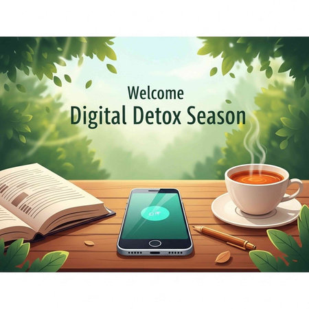 Illustration of phone, book, coffee, and pen on wooden table with green leaves and sunny background