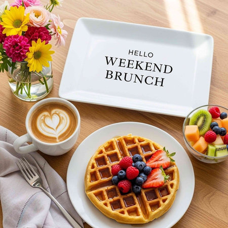 A delicious waffle with berries, fresh fruits, coffee, and flowers on a wooden table for weekend brunch