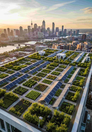 Green rooftop with solar panels, lush plants, and cityscape in the background at dusk