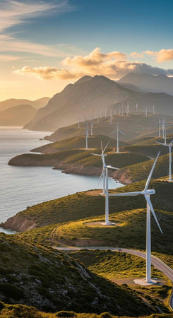 White wind turbines on rolling green hills near calm water with distant mountains