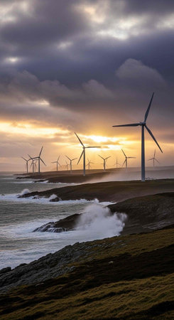 Wind farm on rugged shore with turbines, waves, and sunset behind cloudy sky