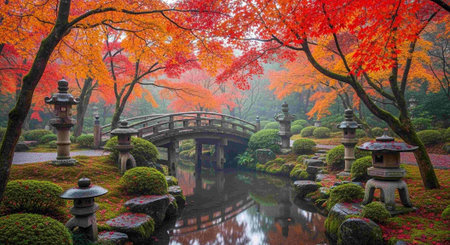 A tranquil Japanese garden featuring a bridge, stone lanterns, and autumn trees reflected in a calm pond