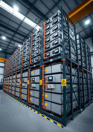 Large industrial battery storage system with gray boxes, orange cables, and black metal racks in a warehouse