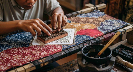 Artisan hands using wooden block on fabric with ink pot and various textiles