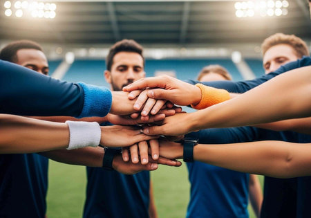 A group of diverse athletes stacking their hands together in unity and teamwork on a sports field
