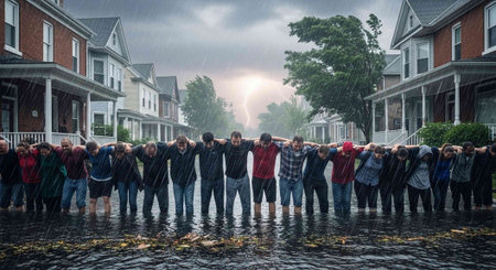 A group of people standing together in a flooded neighborhood on a stormy day with lightning in the background