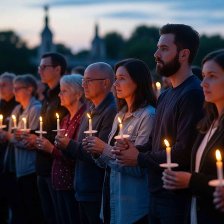 A group of people holding candles in a peaceful outdoor vigil at dusk with a church in the background.