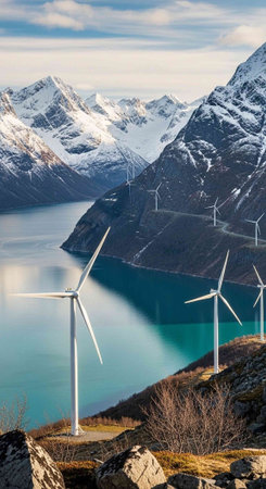 Wind turbines generating clean energy in a serene mountainous landscape with a calm lake