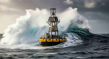 A yellow buoy stands strong amidst a large wave in a stormy sea with rough water conditions.