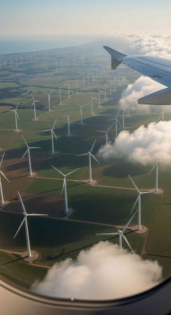 Aerial view of a vast wind farm with numerous turbines generating clean energy from a plane window