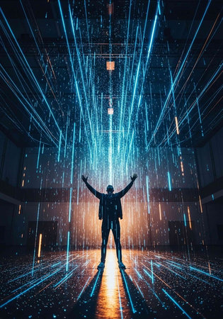 Silhouette of a person in a dark room with blue lines and lights, standing on a glowing floor with arms up.