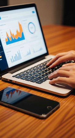 Person's hands on laptop keyboard with graphs and charts on screen, phone on desk