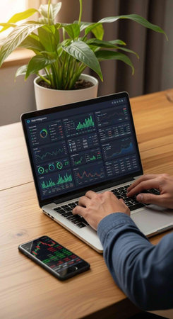 Hands typing on laptop with graphs and charts on screen, phone nearby, on wooden table