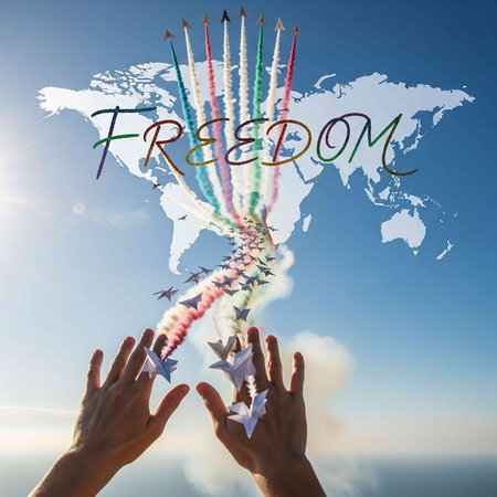 A symbolic representation of freedom with hands releasing paper planes under a vibrant air show