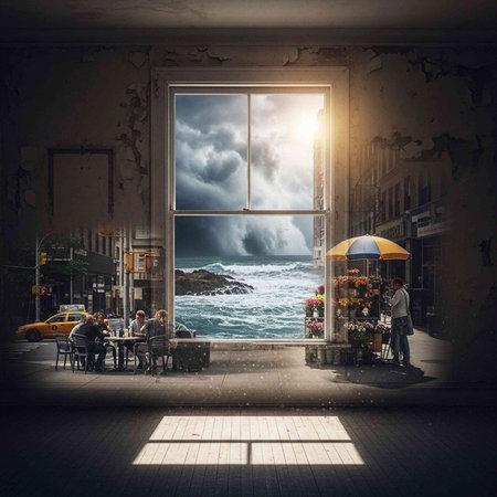 A large window in a city cafe shows a stormy ocean view with people sitting inside and outside
