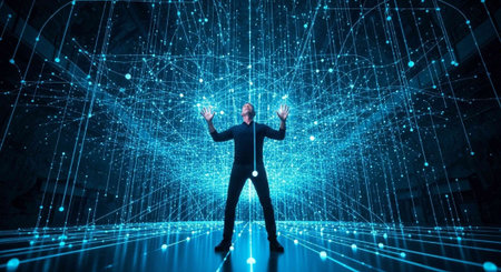 Person in business attire surrounded by vibrant blue digital connections and sparkling lights