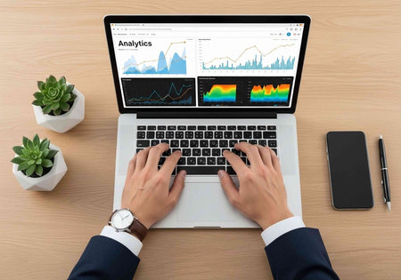 Person in suit working on laptop with analytics graphs and charts on screen at wooden desk