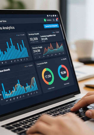 A person analyzing data on a laptop with various graphs and charts on the screen in a modern office setting.