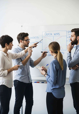 Group of people standing around whiteboard, discussing and writing notes