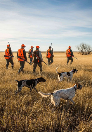 A group of hunters walking through a field with dogs on a sunny day with a clear blue sky