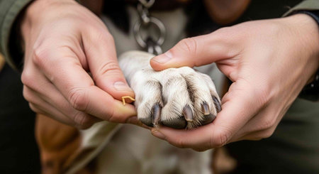 A person gently trimming a dog's nails with care and attention to detail.