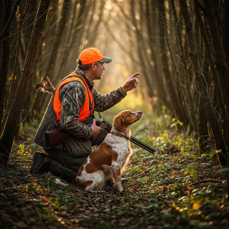 A man in camouflage and an orange vest kneels in the woods with his dog on a leash.