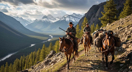 Two men on horseback ride through a scenic mountain trail with a breathtaking view of snow-capped mountains and a serene river